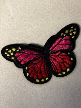 Red Butterfly Embroidered Patch Iron-On Appliqué Black Yellow Detail